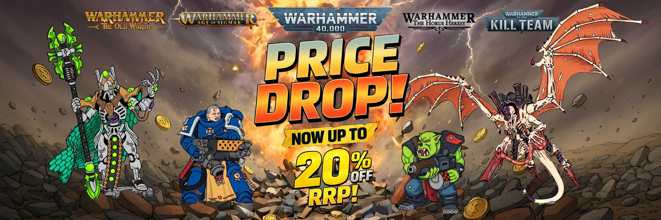 Warhammer figurines with promotional text for a price drop on a dark background