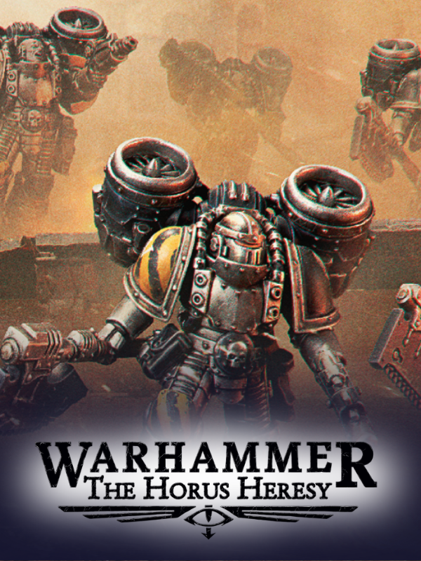 Warhammer figurine with 'The Horus Heresy' branding on a brown background