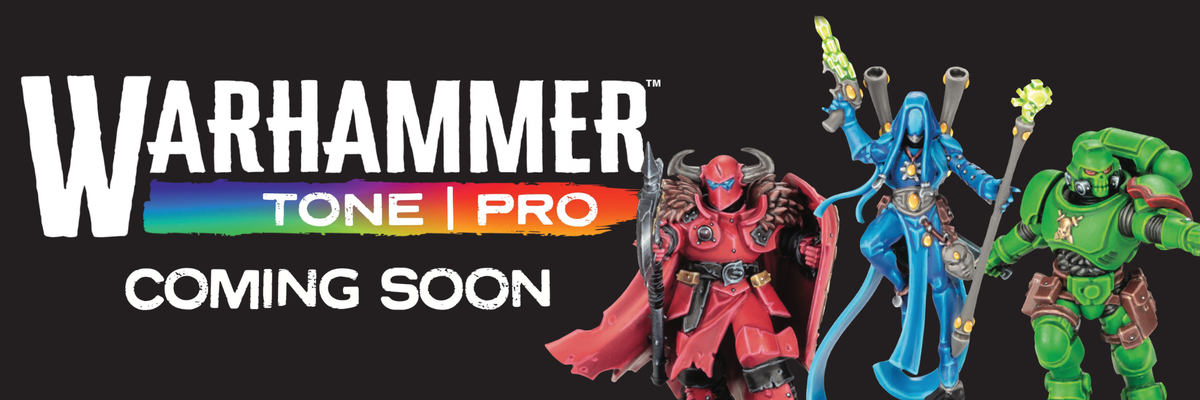 Promotional banner for Warhammer 41000 Tone Pro featuring three action figures on a black background with the text 'WARHAMMER TONE PRO COMING SOON'.