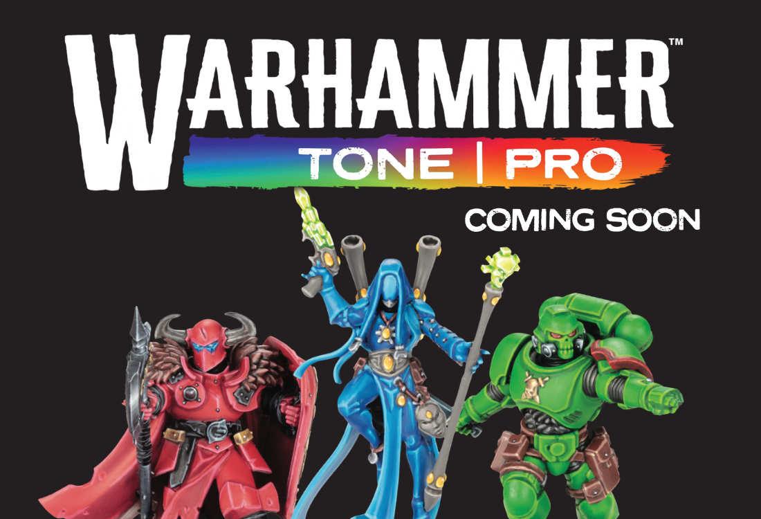 Promotional graphic for Warhammer Tone Pro featuring three painted miniatures on a black background with large 'Warhammer Tone Pro Coming Soon' text.