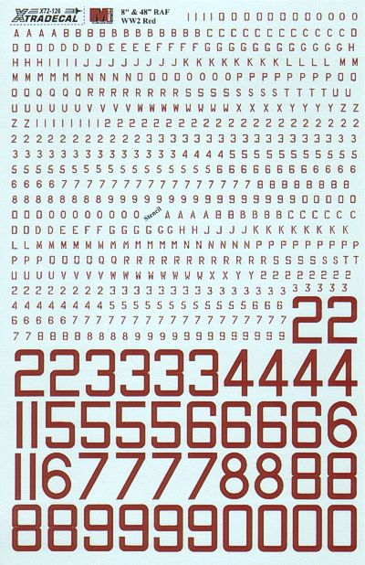 Xtradecal RAF WWII Red 8' serial letters and numbers X72126