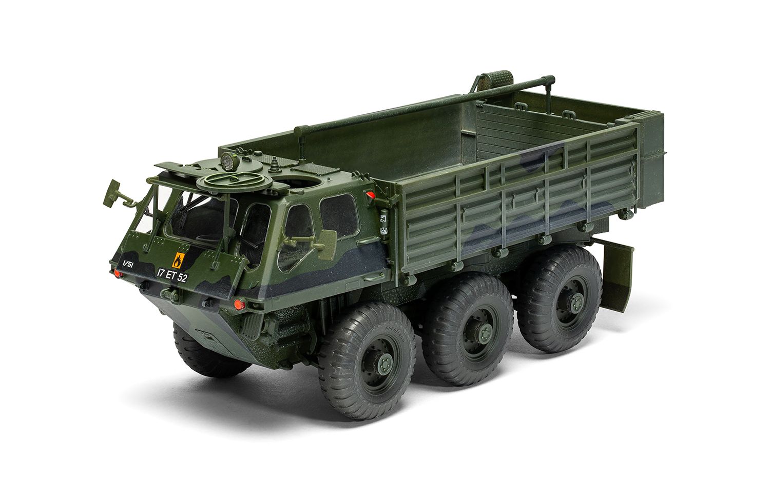 Model of a green military truck on a white background