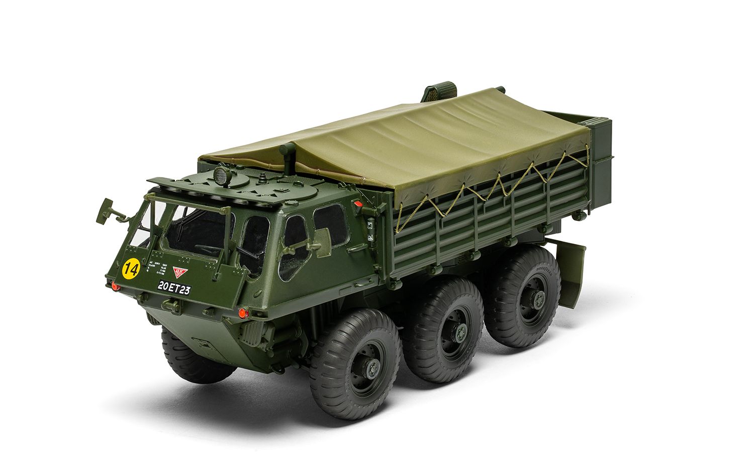 Model of a green military truck on a white background