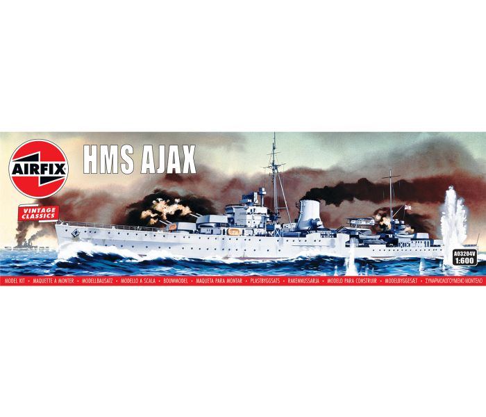 Model kit box for HMS AJAX by Airfix with a ship illustration on a white background.