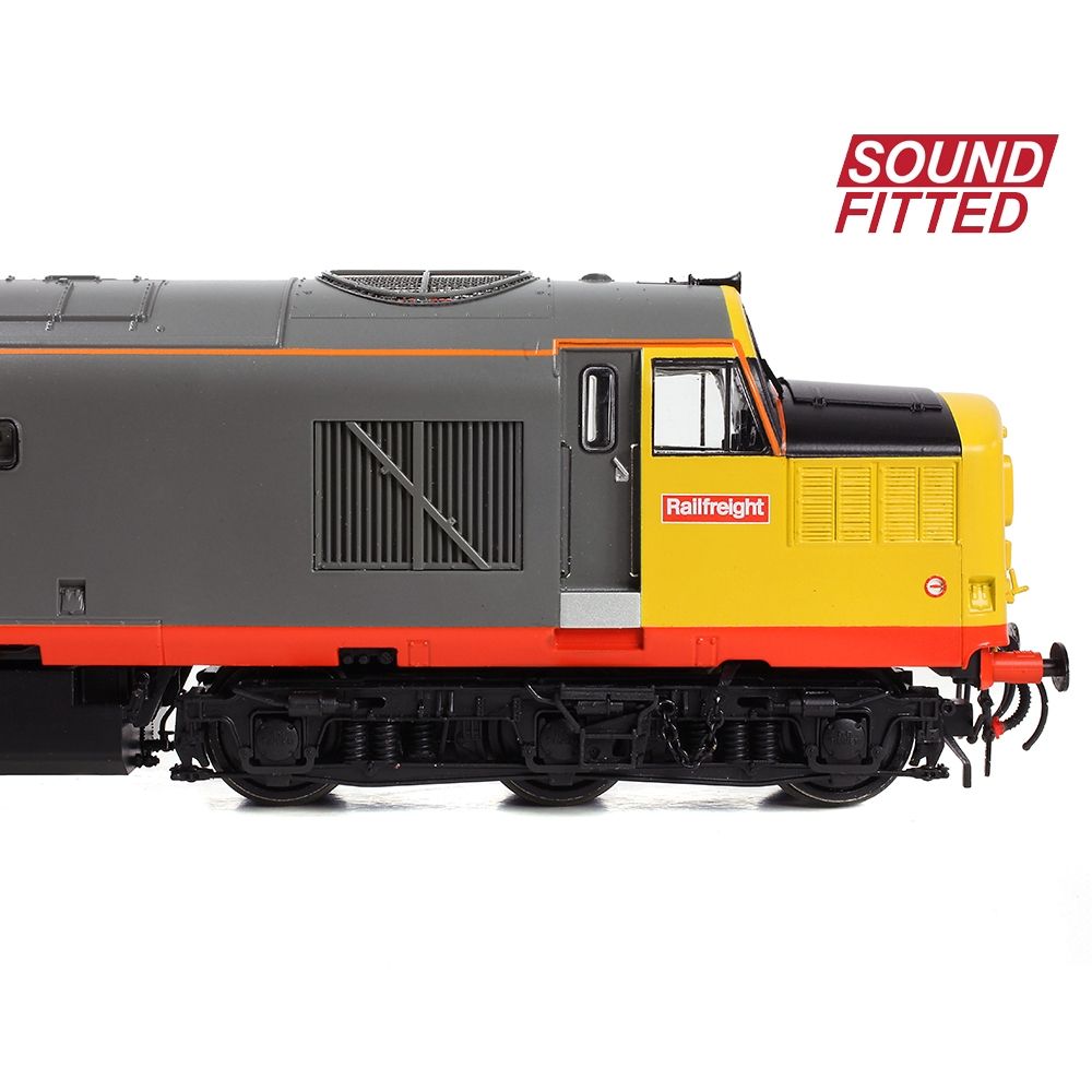 Model train with 'Railfreight' branding on a white background
