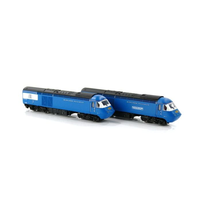 Dapol Class 43 HST Blue Pullman model train showcasing two detailed blue train cars.