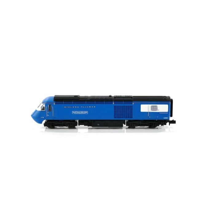 Dapol Class 43 HST Blue Pullman model train side view showcasing detailed engineering and vibrant blue color.