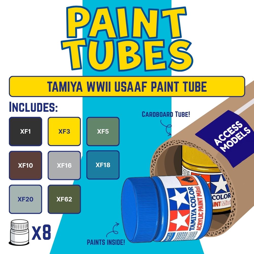 Promotional image of Tamiya WWII USAAF paint tube set with paint colors and packaging details.