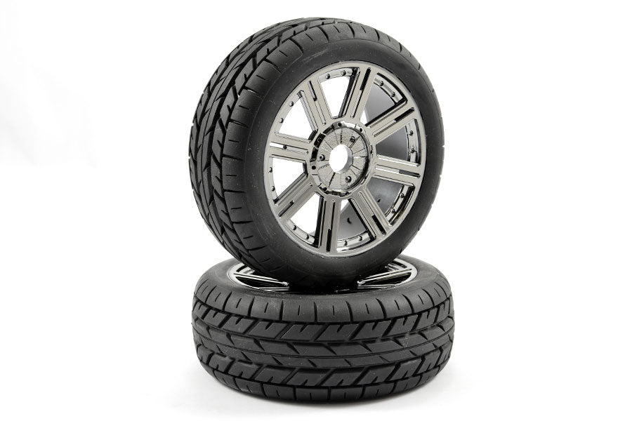 Fastrax 1/8 Eagle Tread Mounted On 8-Spoke Black Chrome (Pr) FAST1015BC