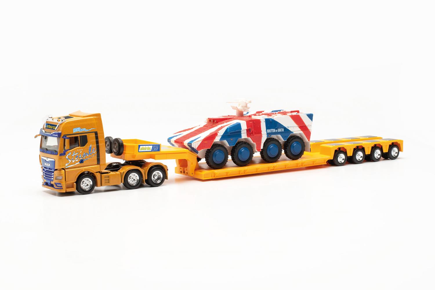 Herpa MAN TGX GX 6x2 Low Loader w/GTK Boxer Union Jack Load HA316439