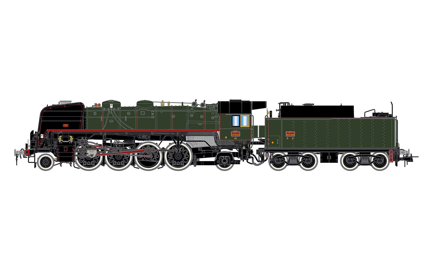 141R 1244 with large fuel tender green black livery with wh