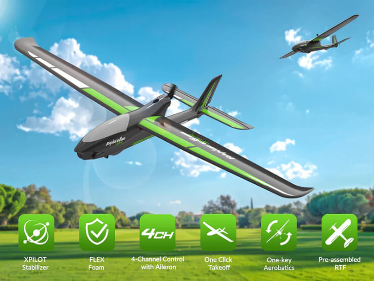Green and gray drone flying in the sky with features listed below.