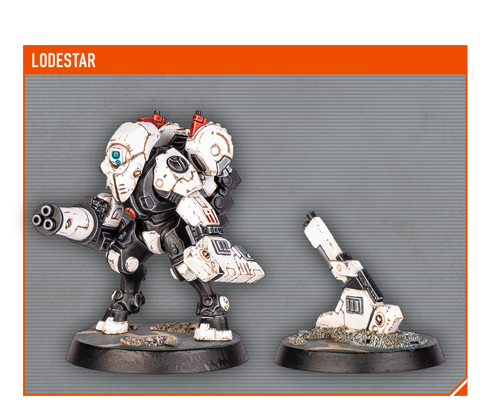 Mechanical figure with a smaller robot on a gray background, featuring the brand 'Lodestar'.