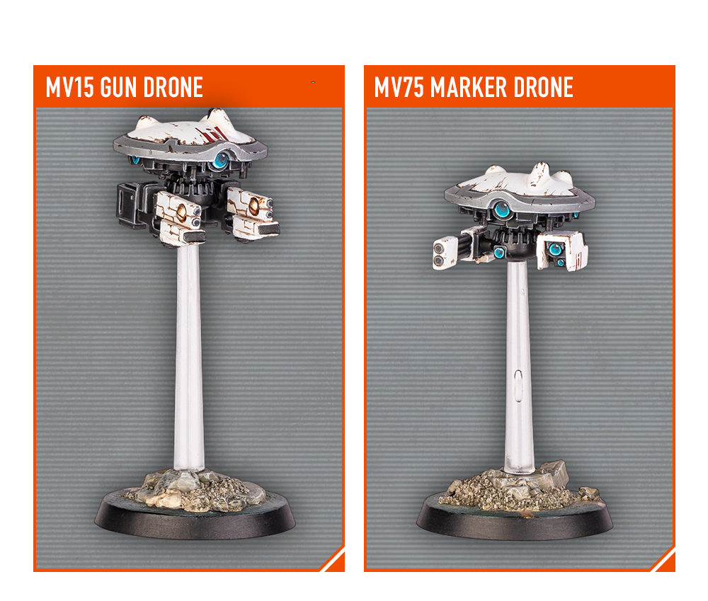 Two drone models, MV15 Gun Drone and MV75 Marker Drone, on gray backgrounds with orange labels.
