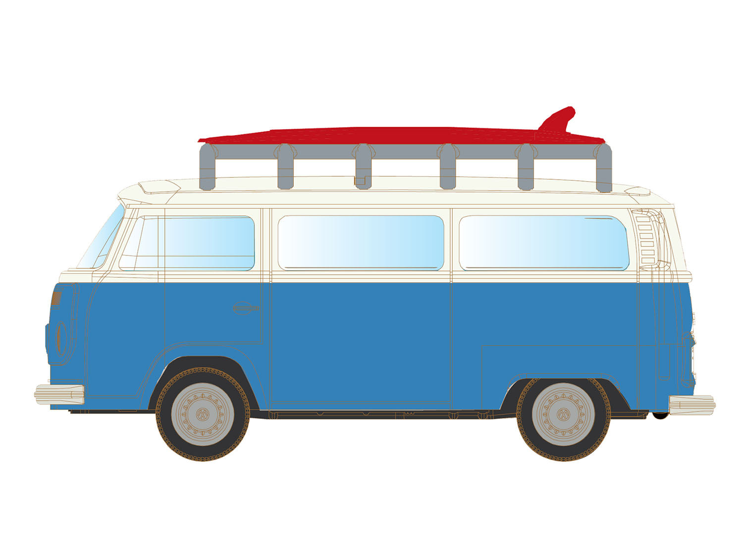 VW T2 Bus Blue/White w/Surfboards