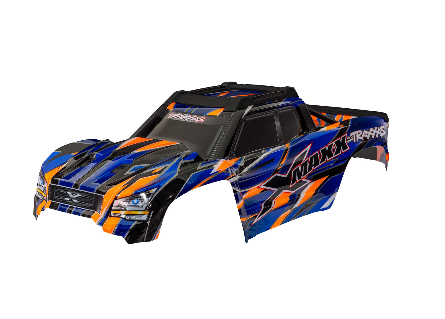 Body, X-Maxx, Orange (painted, decals applied) (assembled with front & rear body mounts, rear body support, and tailgate protector)