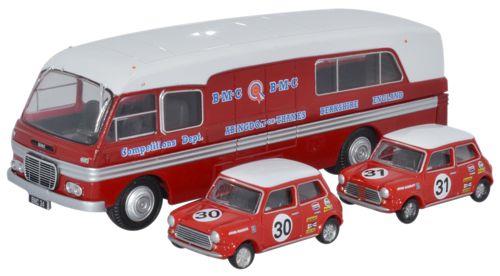 Oxford Diecast BMC Car Transporter &amp; Two Minis BMC Competitions Dept OD76BMC003