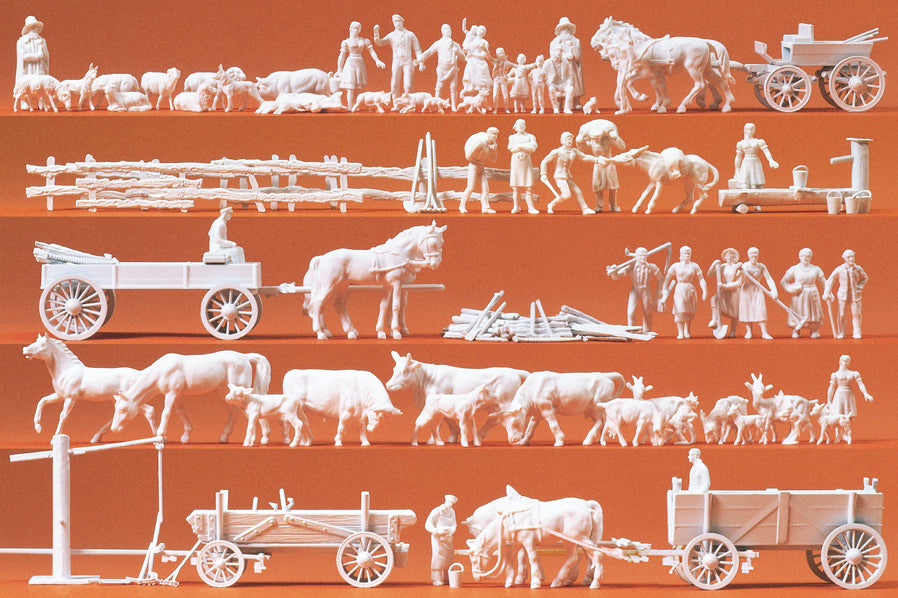 Preiser Rural People/Animals/Carts (60) Unpainted Figures PR16327
