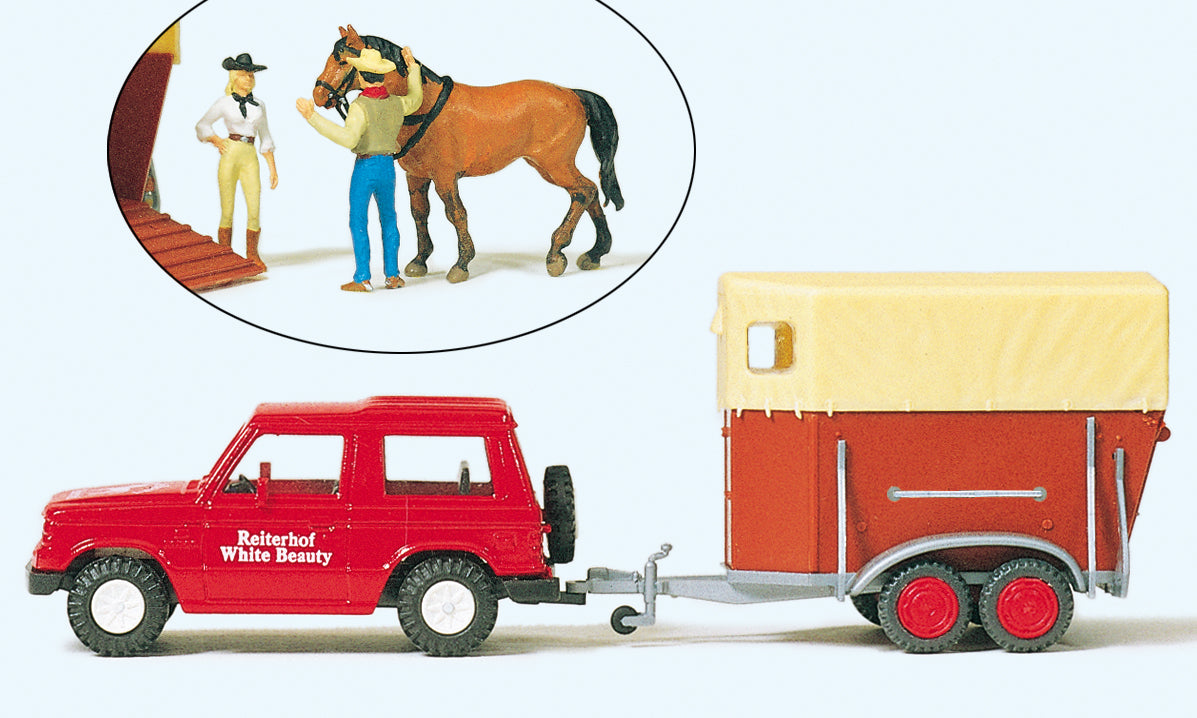 Preiser Mitsubishi Pajero with Horse Trailer Scene Figure Set PR33243