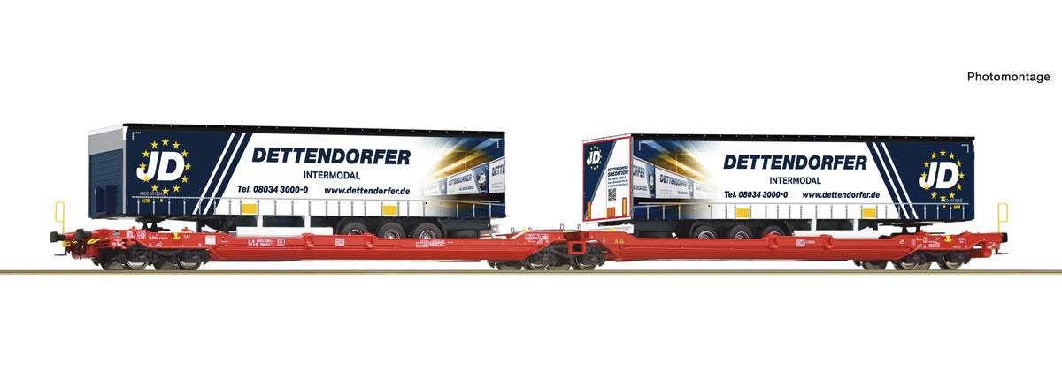 Roco DBAG Sdggmrs/T3000e Flat Wagon w/Dettendorfer Trailers VI RC77404