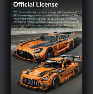 CaDa Mercedes-AMG GT3 model showcasing orange and black design with detailed features and official licensing.