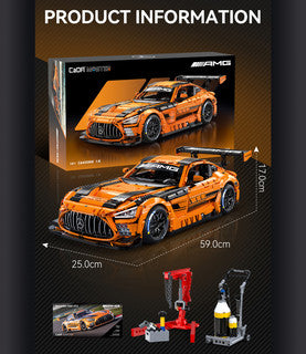 CaDa Mercedes-AMG GT3 model displayed with product details and accessories in striking orange and black colors.
