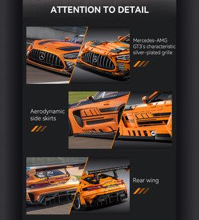 CaDa Mercedes-AMG GT3 model showcasing detailed features like grille, side skirts, and rear wing in striking orange.