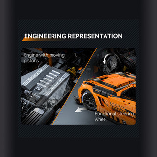 CaDa Mercedes-AMG GT3 model showcasing engine with moving pistons and functional steering wheel in orange and black.