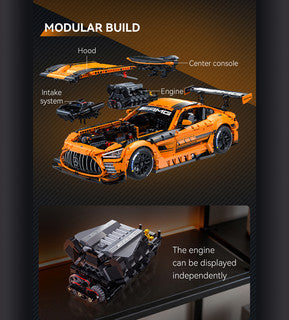 Modular build of the CaDa Mercedes-AMG GT3 model showing hood, center console, intake system, and engine.