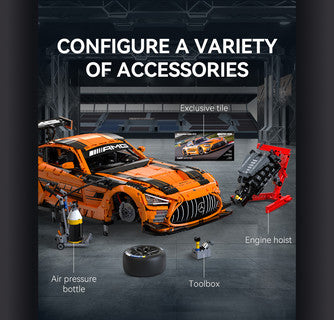 CaDa Mercedes-AMG GT3 model with various accessories including air pressure bottle, toolbox, and engine hoist.