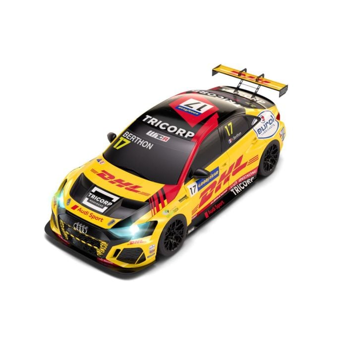 SCX slot car racing starter set detailed Audi car model with DHL livery for racing excitement.