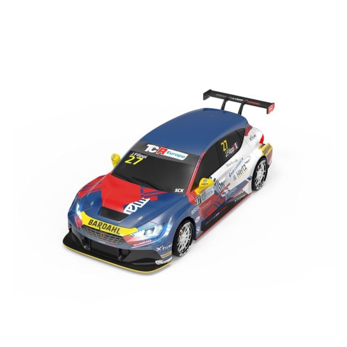 SCX slot car racing starter set featuring a detailed race car model with vibrant colors and realistic design.