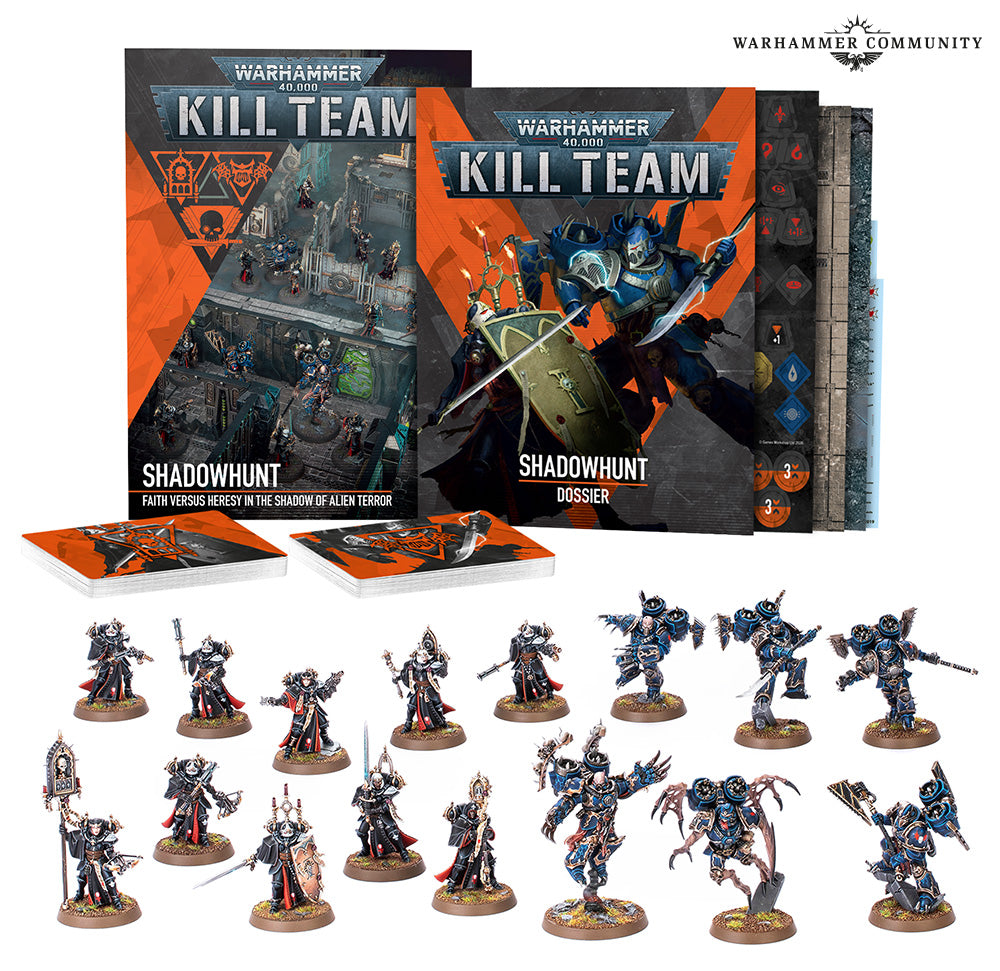 Warhammer 40,000 Kill Team Shadowhunt game set with box and miniatures on a white background