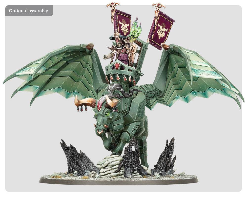 Green dragon-like creature with a rider on a white background