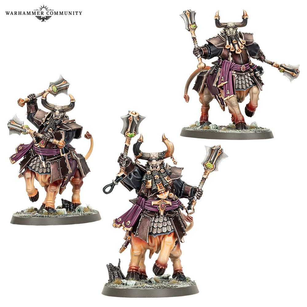 Three Warhammer figurines with detailed armor and weapons on a white background.