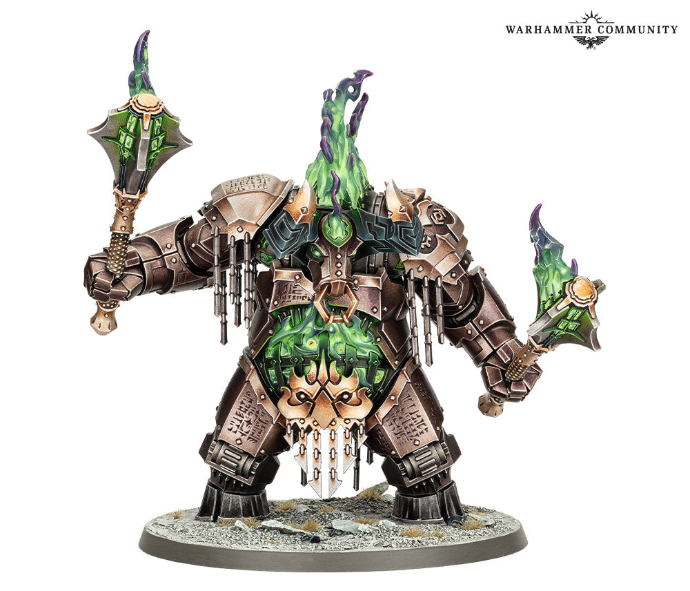 Warhammer figurine with detailed armor and weapons on a white background
