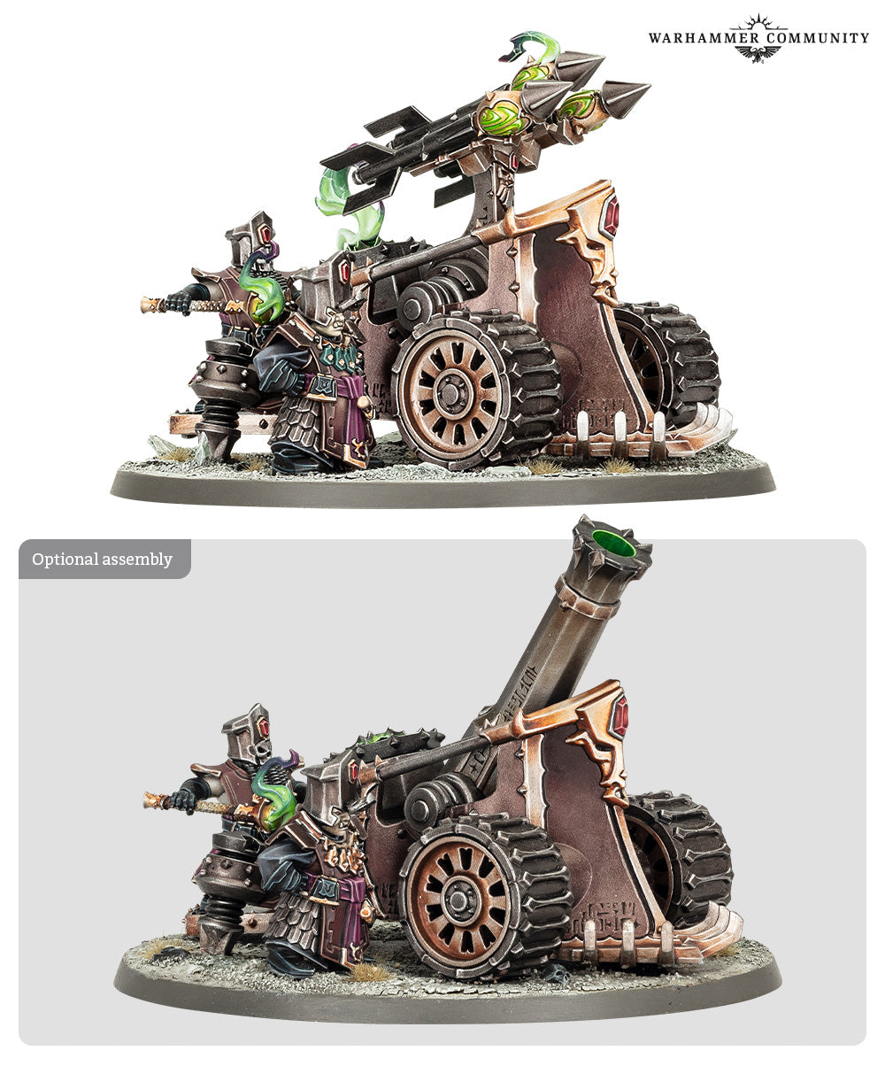 Warhammer figurine with large cannon on a gray background