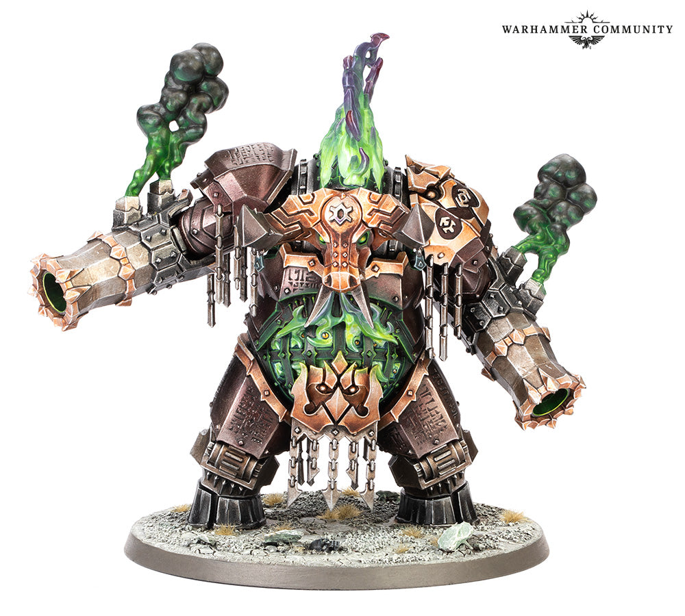 Warhammer figurine with detailed armor and weapons on a white background