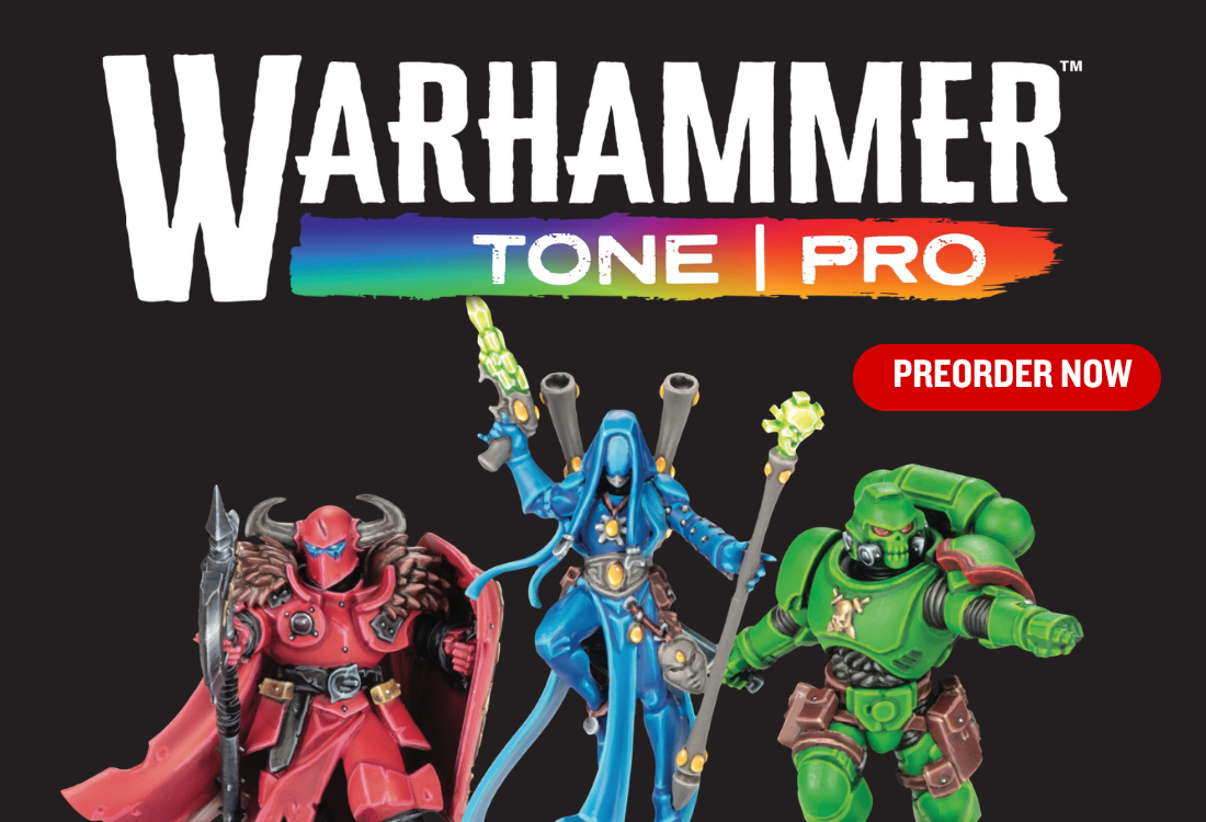 Promotional graphic for Warhammer Tone Pro featuring three painted miniatures on a black background with the Warhammer logo and a red 'Preorder Now' button.