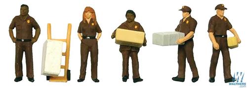 Walthers Scenemaster UPS Delivery Personnel (5) with Handcart Figure Set WH949-6043