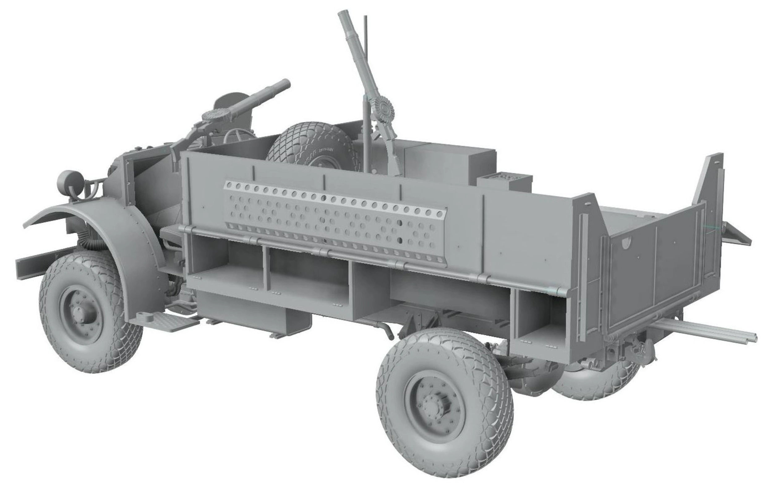 Model of a military truck with open cargo bed on a white background
