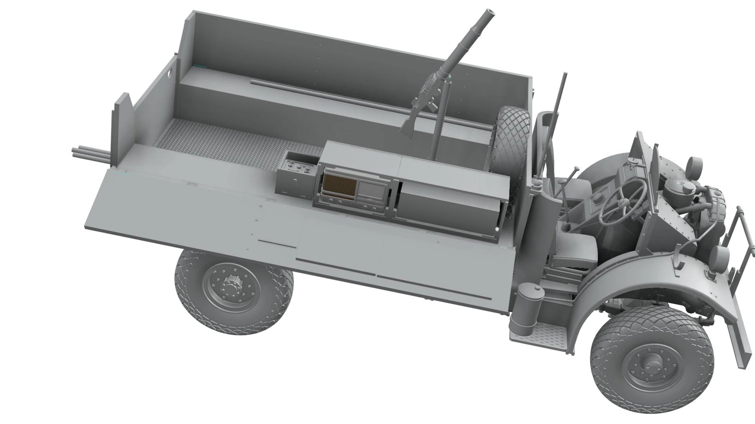 Model of a military truck with a trailer on a white background