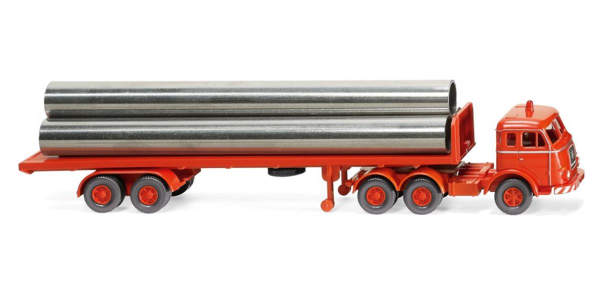 Wiking Henschel Flatbed Semitrailer Truck Luminous Red WK055404